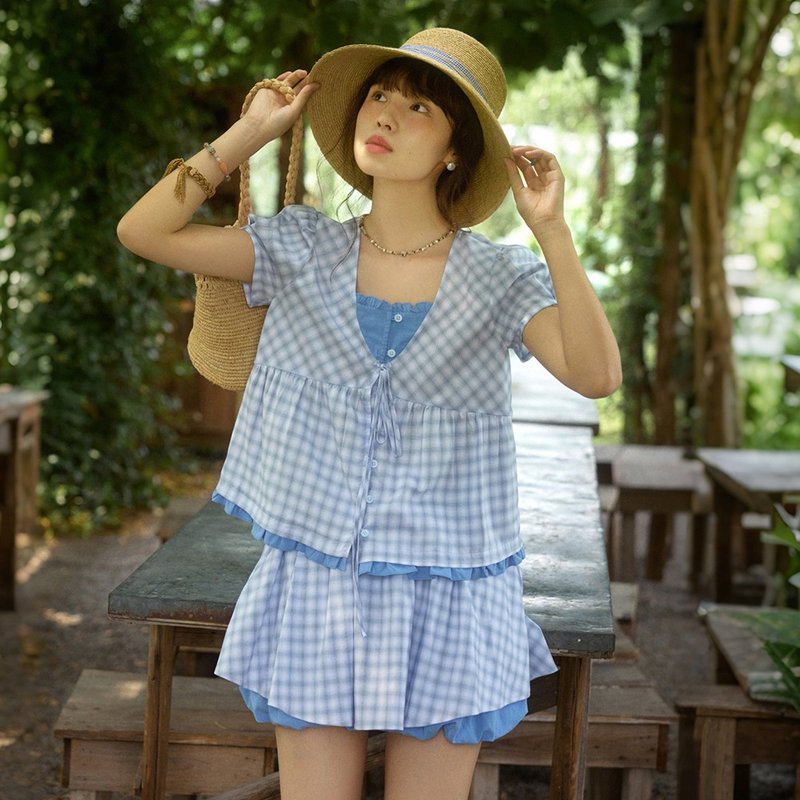 藍格紋假兩件襯衫裙褲套裝|襯衫|褲子|裙子|夏款|Sora-1853 - 女襯衫 - 棉．麻 藍色