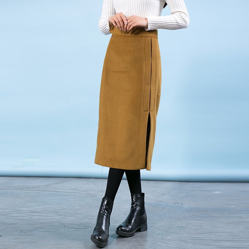 Anne Chen material split A word skirt skirt high waist long winter Slim skirt package hip skirt long section - กระโปรง - ผ้าฝ้าย/ผ้าลินิน สีกากี