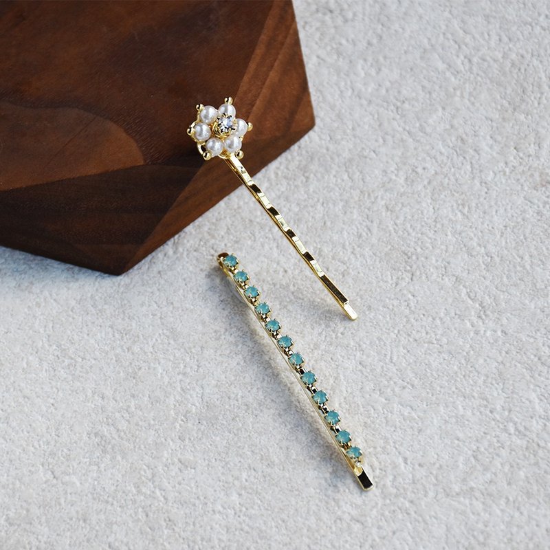 【手工限定】花漾光影珍珠髮夾套組 - 髮夾/髮圈 - 銅/黃銅 綠色