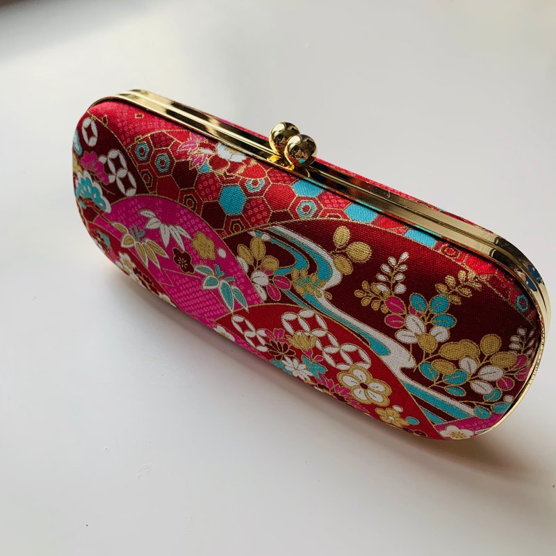 日本桃紅福菊眼鏡盒/筆盒/首飾盒 - 鉛筆盒/筆袋 - 棉．麻 紅色
