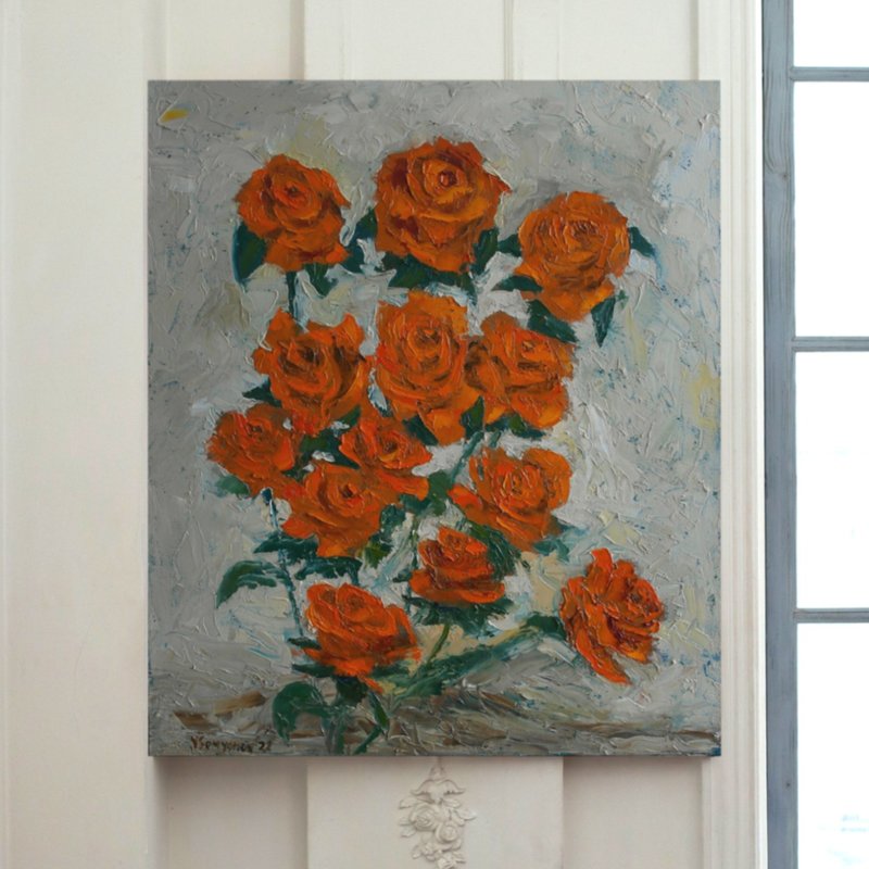 Roses Flowers Original Art Oil Painting Wall Decor Orange Roses - โปสเตอร์ - วัสดุอื่นๆ สีส้ม