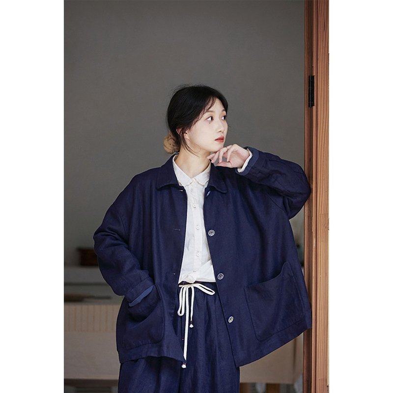 Navy blue heavy linen loose lapel casual versatile jacket - Women's Tops - Cotton & Hemp 