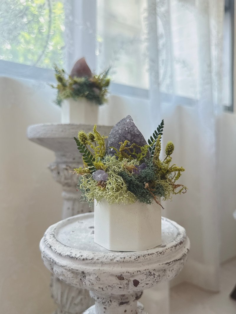 燭火守護 不熄的燭光。紫水晶 永生葉材綠植栽 - 盆栽/植栽 - 水晶 紫色