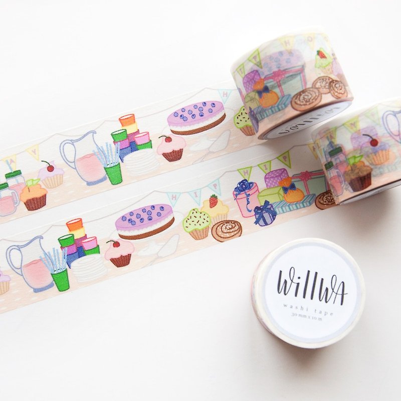 Celebration Washi Tape - Swedish Fika - Party Scene with Cupcakes and Gifts - Washi Tape - Paper White