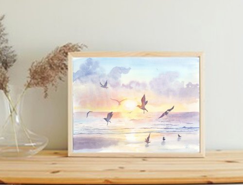 水彩画 風景画　夕陽2(原画) 4d7ea28230d0307aebdebfaf3631bc