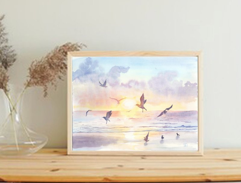 Original Watercolor Painting Sea Sunset with Birds 40 x 30 cm - 壁貼/牆壁裝飾 - 紙 紫色