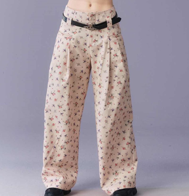 Retro print wide-leg suit pants drape loose straight-leg floor-length trousers - กางเกงขายาว - วัสดุอื่นๆ สีเหลือง