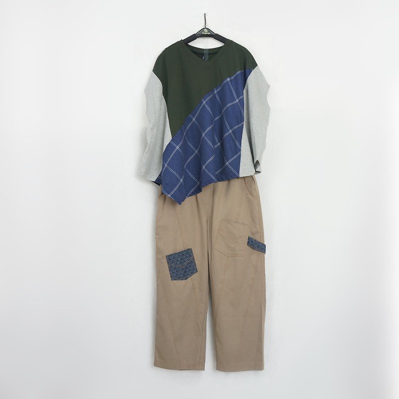 ディープカード-対照的な色のカーキのスプライシングパンツ＃A2065 - パンツ レディース - コットン・麻 カーキ