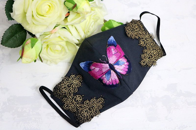 Face mask wth handmade embroidery Mask with butterfly Reusable mask Fashion mask - Face Masks - Cotton & Hemp Black