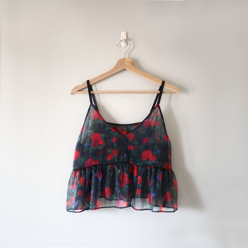 Dotted Rose Translucent Thin Shoulder Tank Top - Women's Vests - Polyester Black