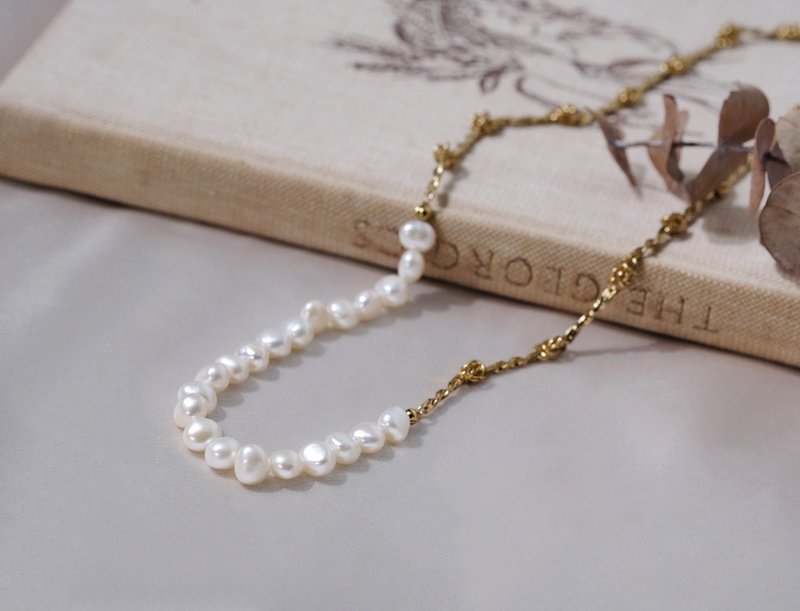 Rose Knot Natural Pearl Bronze Necklace - Long Necklaces - Other Metals White