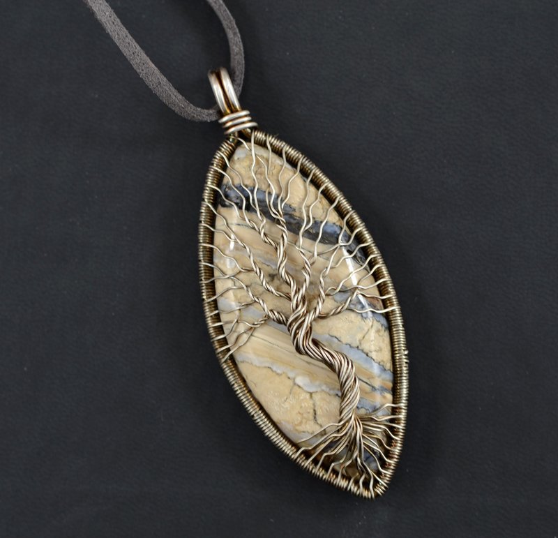 Rare Mammoth Tooth Necklace Sterling Silver Tree Of Life pendant Handmade - Necklaces - Gemstone Gray