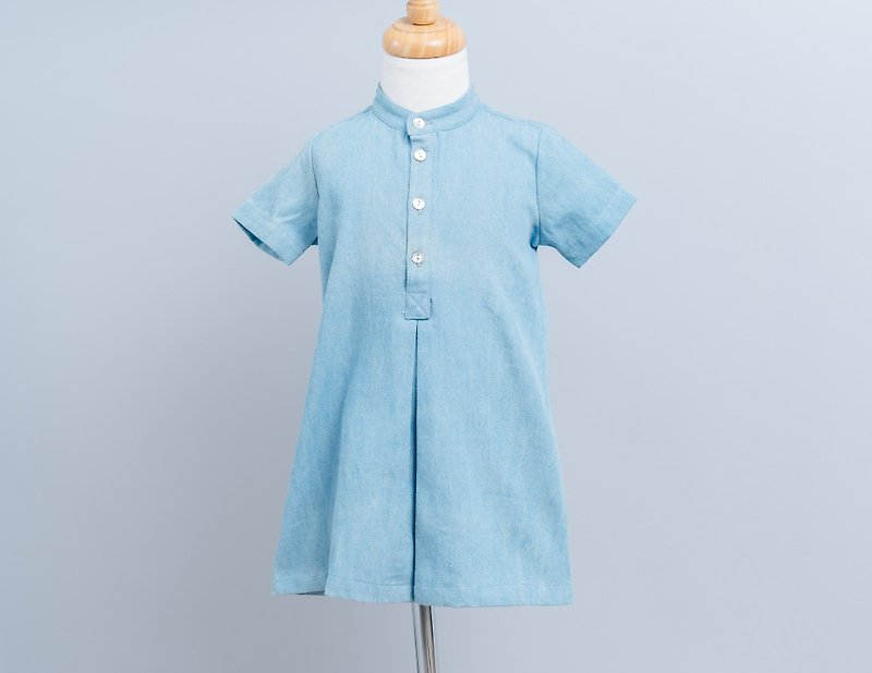 微高領前岔洋裝-牛1 - 男/女童禮服 - 棉．麻 藍色