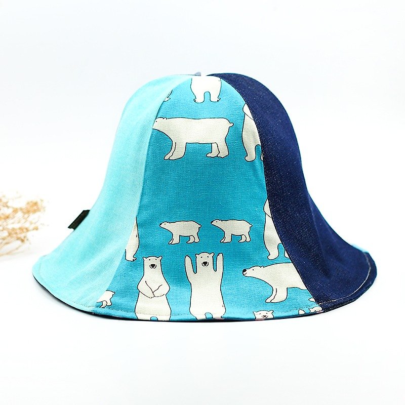 Calf Calf Village Village manual double-sided cap men and women hat hat cute little polar bear cool stitching {} Aqua [H-194] - หมวก - ผ้าฝ้าย/ผ้าลินิน สีน้ำเงิน