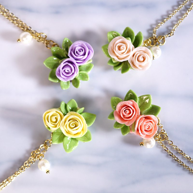 Playful Design spring and summer resin clay rose flower necklace - Chokers - Clay Multicolor