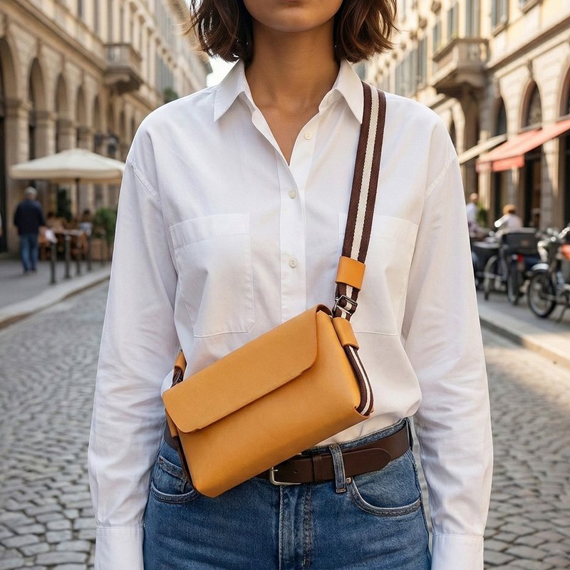 COZI-義大利植鞣革 Mini斜跨包-可收納手機,皮夾,護照,鑰匙或眼鏡 - 側背包/斜背包 - 真皮 咖啡色