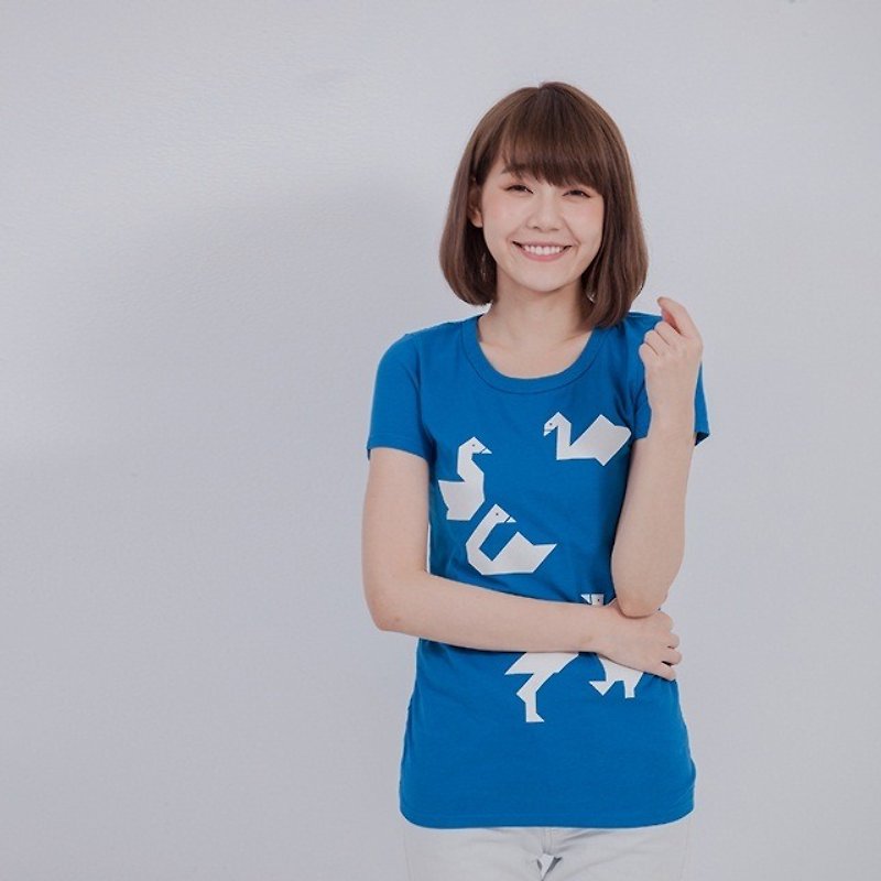 White duck peach cotton round neck T-shirt Women blue - Women's T-Shirts - Cotton & Hemp Blue