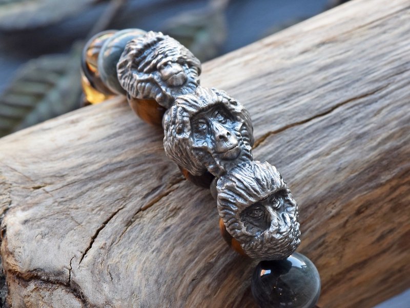 Three wise monkeys natural stone bracelet - สร้อยข้อมือ - เครื่องประดับพลอย สีเหลือง