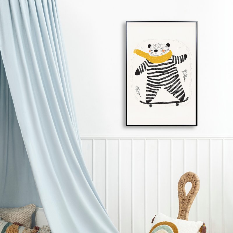 Bear playing skateboard - childlike illustration style, suitable for children's rooms, parent-child restaurants, black and white frameless paintings - โปสเตอร์ - วัสดุอื่นๆ 