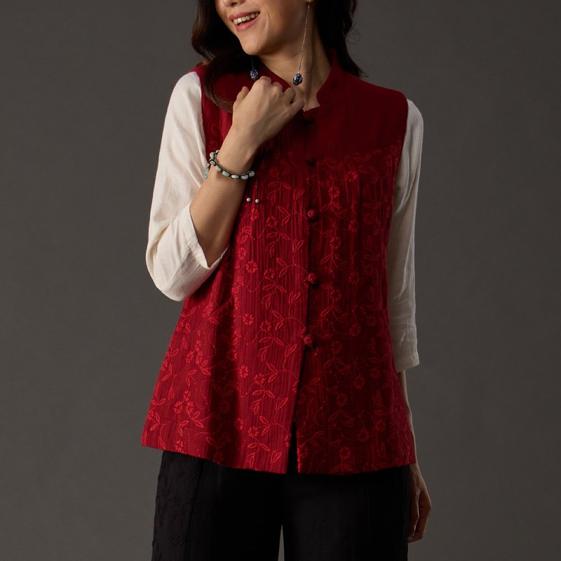 Classic beauty embroidery color matching vest【18090】 - เสื้อผู้หญิง - ผ้าฝ้าย/ผ้าลินิน 