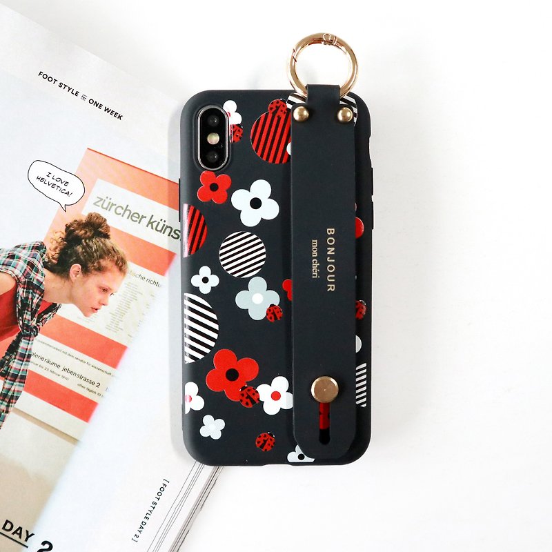 Black and red little ladybug hand strap phone case - เคส/ซองมือถือ - พลาสติก สีดำ