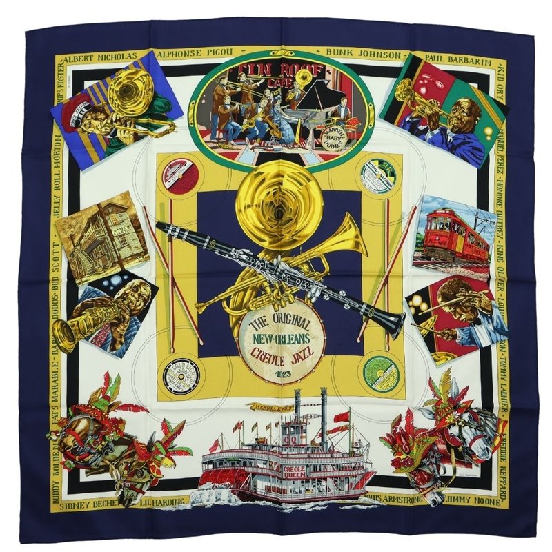 Hermes Carre 90 The Original New Orleans Creole Jazz Navy Scarf - 01276 - ผ้าพันคอ - ผ้าไหม หลากหลายสี