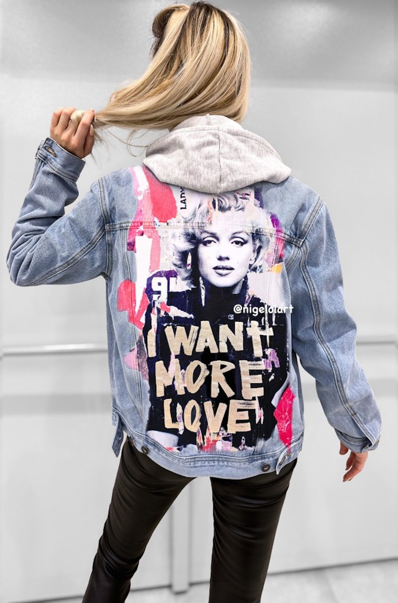 Painted denim jacket Marilyn Monroe Jeans jacket Portrait Personalized jacket - 女大衣/外套 - 棉．麻 多色