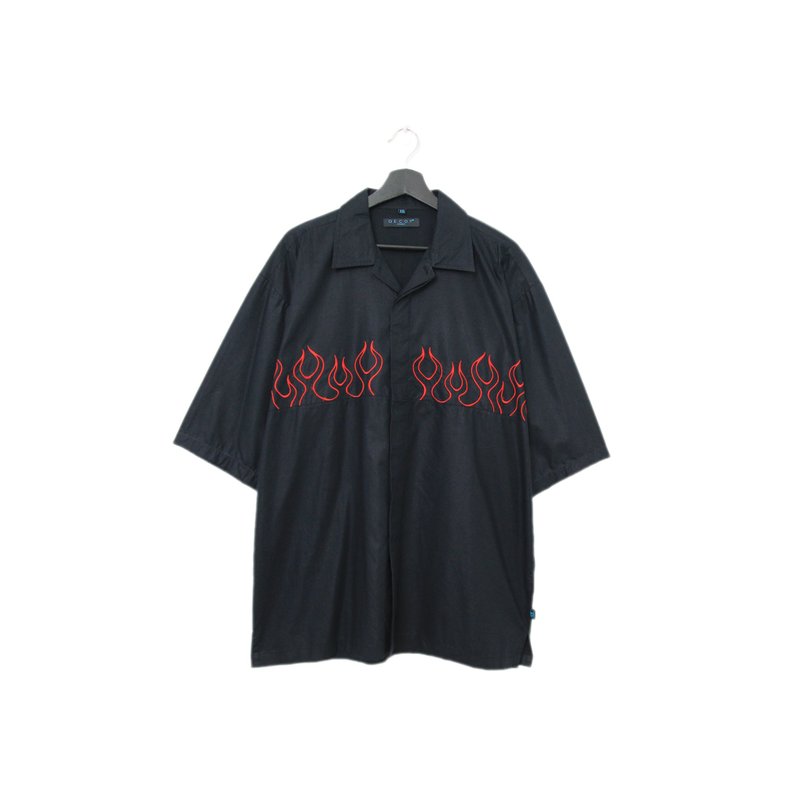Back to Green-刺繡短袖襯衫 鮮紅 火焰紋 ss-16// vintage shirt - 男襯衫/休閒襯衫 - 棉．麻 