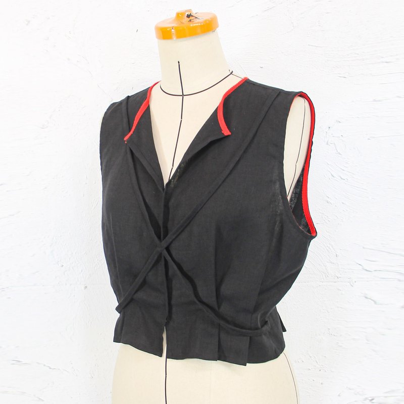 Aman No.42 Black Pure Linen Cross Front Waist Vest - Women's Vests - Cotton & Hemp 