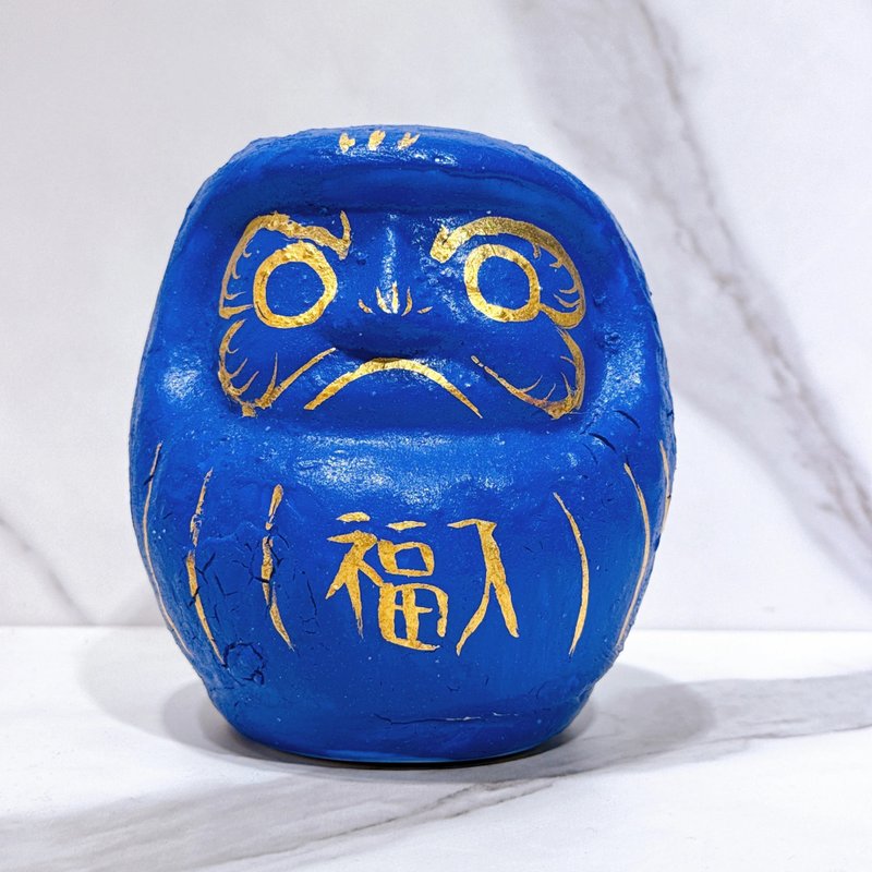 Japanese Kiyomizu-yaki Daruma | Plum Blossom Skin, Blue & Gold Coloring, Medium - Items for Display - Porcelain Blue