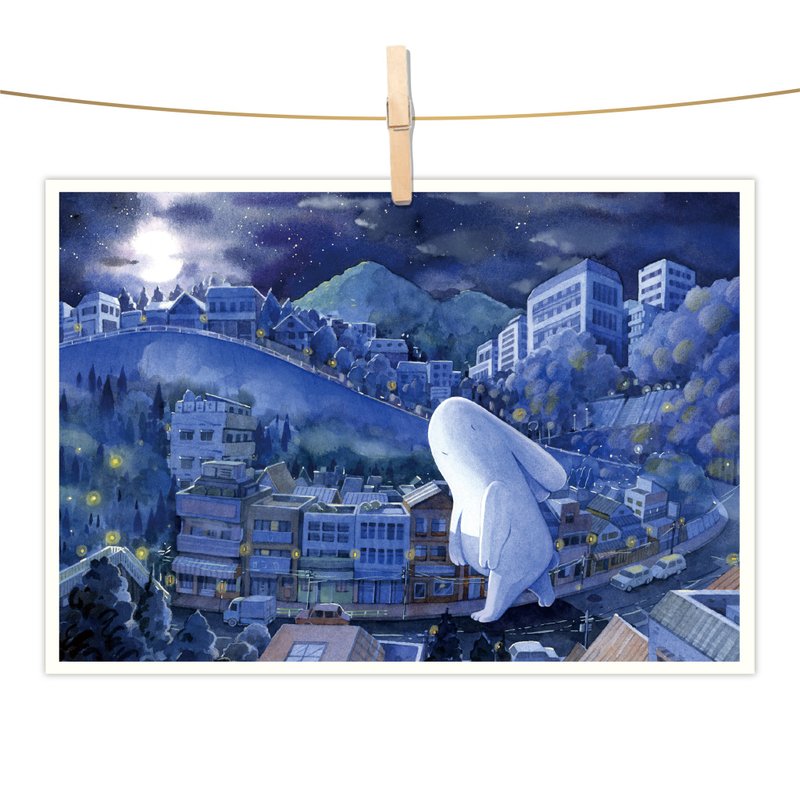 afu水彩插畫明信片 - 夢遊兔 - 卡片/明信片 - 紙 藍色