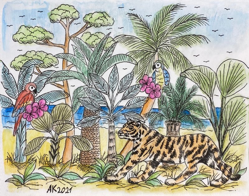 Tropical Forest watercolour painting, nature illustration, tiger, parrots, art - Wall Décor - Other Materials Green