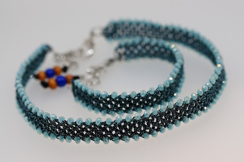 手鈎金属線短頸錬+手鍊套裝  ( Hand crocheted set of crystal beads choker + beads bracelet ) - 項鍊 - 寶石 綠色