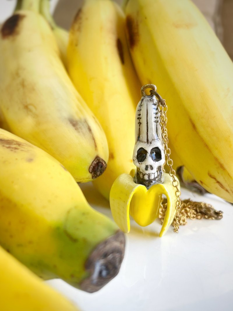 Banana Skull Hand Painted Enamel Necklace. - Necklaces - Other Metals 