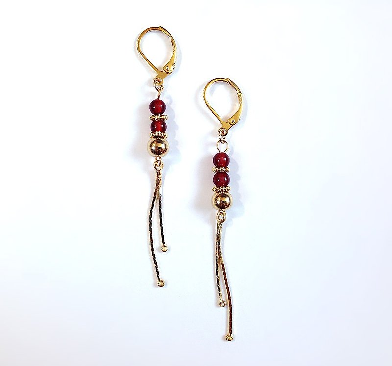 [system of gemstone]  Red Chalcedony Handmade Brass fish bone • Earrings  ( Can change folder type ) - Earrings & Clip-ons - Gemstone Red