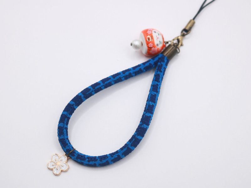 สตรัพทำมือจากญี่ปุ่น ผ้าชิริมเม็งลายญี่ปุ่น พร้อมแมวและดอกซากุระ - อุปกรณ์เสริมอื่น ๆ - ผ้าฝ้าย/ผ้าลินิน สีน้ำเงิน