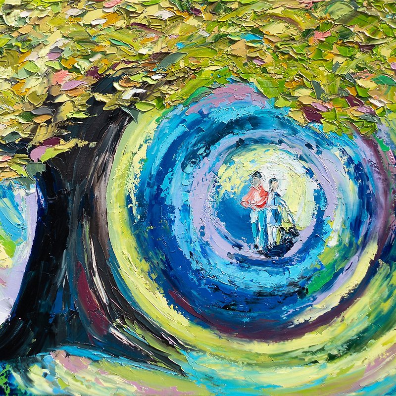 Oak Tree Painting Romantic Original Art lovers Couple Art Fairy Tale Wall Art - โปสเตอร์ - วัสดุอื่นๆ หลากหลายสี