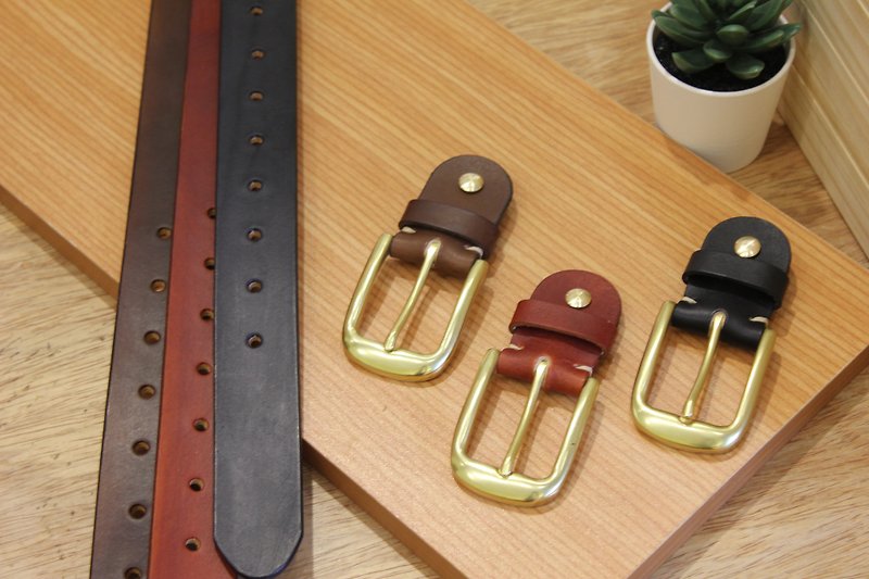 [Mini5] popular fog face belt (brown) / hand dyed vegetable tanned leather 3.2cm wide belt - เข็มขัด - หนังแท้ 