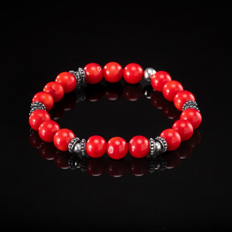 Nergal Handmade 925k Sterling Silver and Red Coral Gemstone Bracelet - Bracelets - Sterling Silver Red