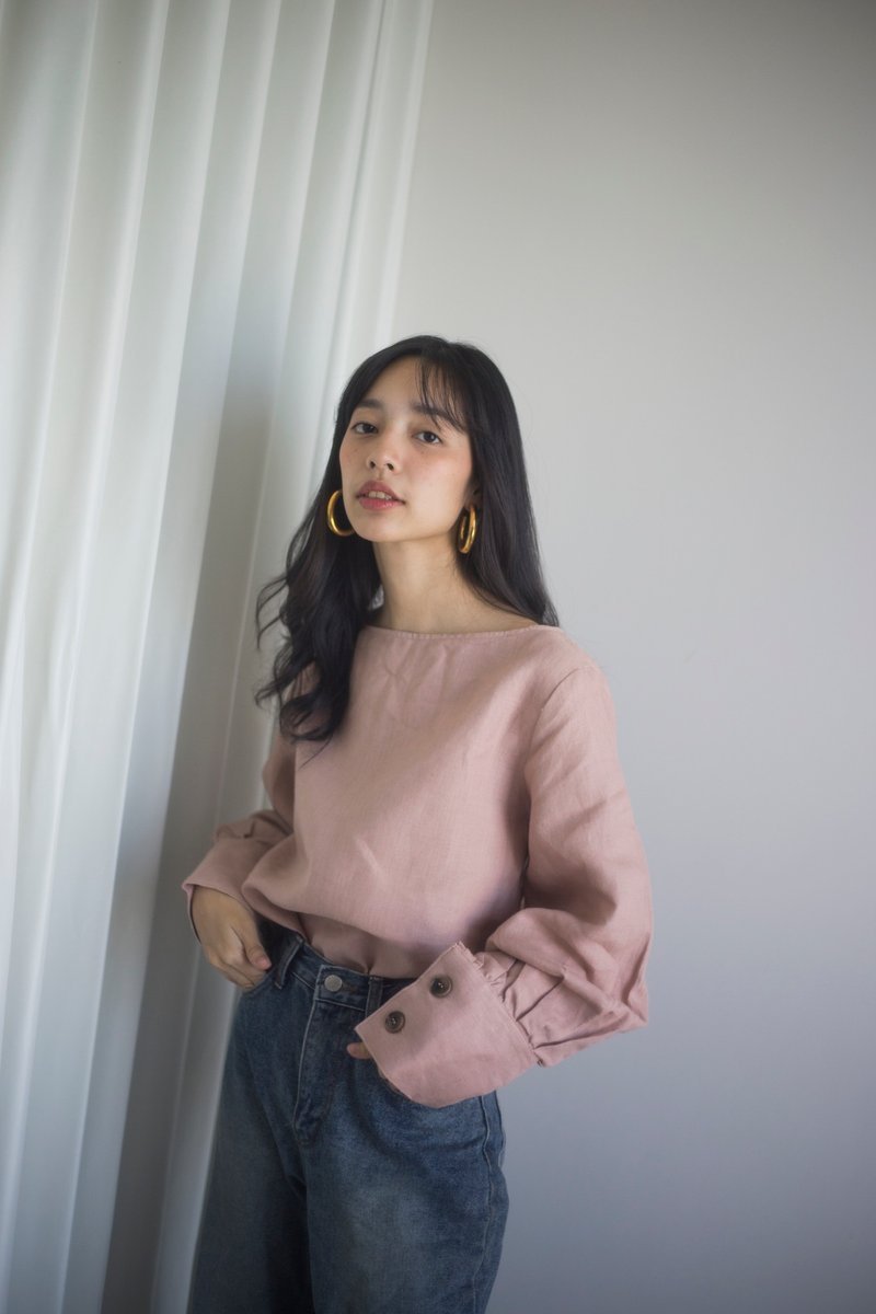 Linen bateau neck blouse in Dusty Pink - 女上衣/長袖上衣 - 亞麻 粉紅色