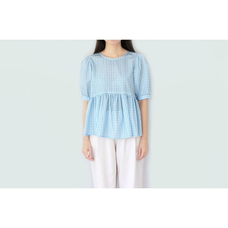 Doll sleeve shirt, blue and white gingham pattern - Women's Tops - Cotton & Hemp 