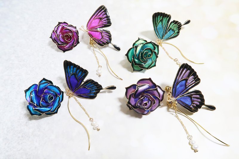 Miss Paranoid Rose and Swallowtail Butterfly Resin Earrings 925 Silver/Steel Needle - ต่างหู - วัสดุอื่นๆ สีม่วง