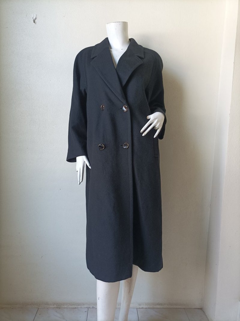 Vintage Womens Long Coat | Vintage Luxury Overcoat Pure Cashmere Black - เสื้อสูท/เสื้อคลุมยาว - วัสดุอื่นๆ 