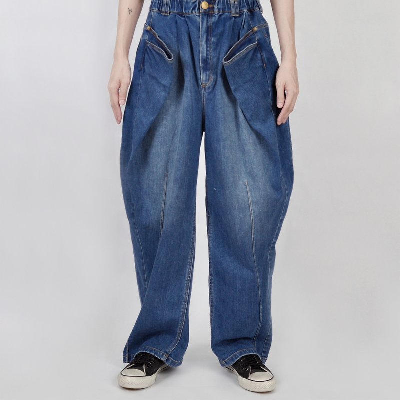 AFTER-Washed Elastic Jeans - กางเกงขายาว - ผ้าฝ้าย/ผ้าลินิน สีน้ำเงิน