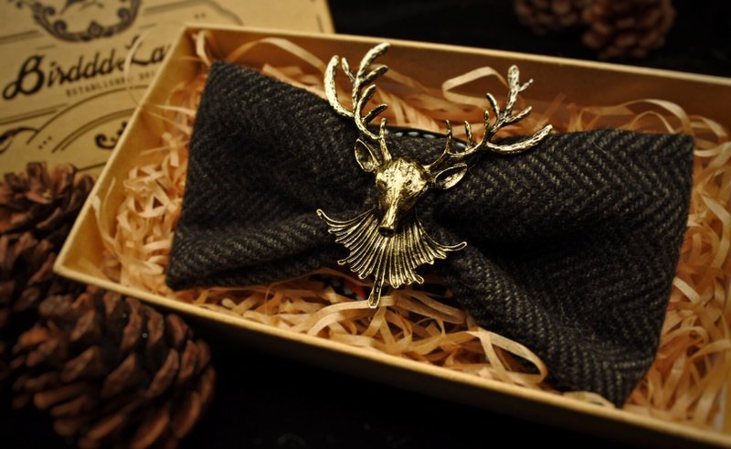 Original handmade retro bow tie gray black character pattern wool fabric retro deer head swing dance ball - หูกระต่าย/ผ้าพันคอผู้ชาย - ขนแกะ สีดำ