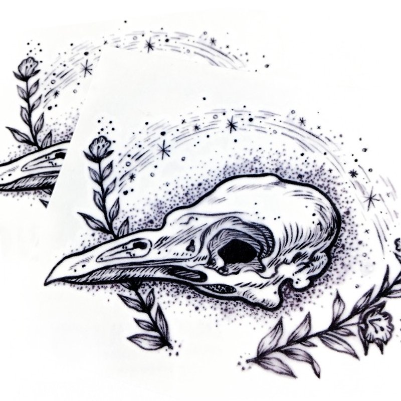 手描きの入れ墨タトゥーステッカー動物の頭蓋骨生死神秘的なダークカラススズメ鳥の頭蓋骨の骨 - タトゥーシール - 紙 ブラック