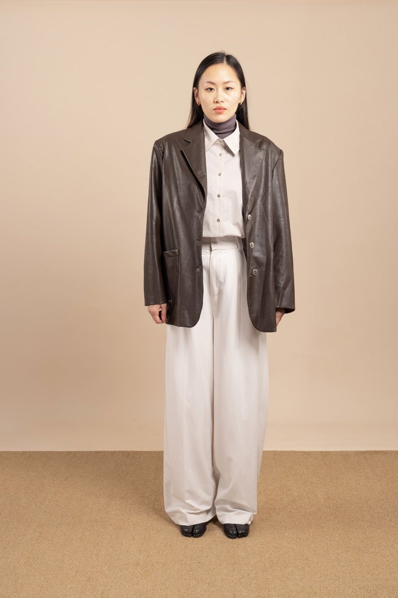 單排鈕扣西裝皮褸 Single-breasted blazer - 女西裝外套 - 其他材質 咖啡色