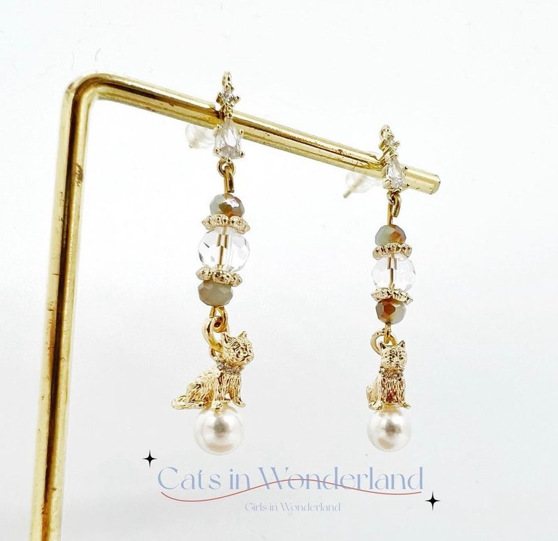 |Elegance|Simple style•Kitten shape• Stone small dangle earrings - ต่างหู - โลหะ สีทอง