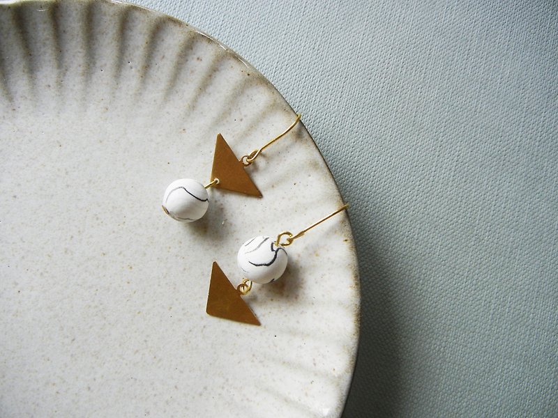 **Triangular Asymmetrical Earrings/White Ink Pattern Beads - Earrings & Clip-ons - Copper & Brass Gold