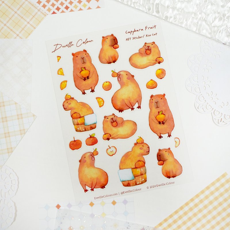 【Capybara Fruit】PET White Ink Sticker Sheet - Stickers - Plastic Orange